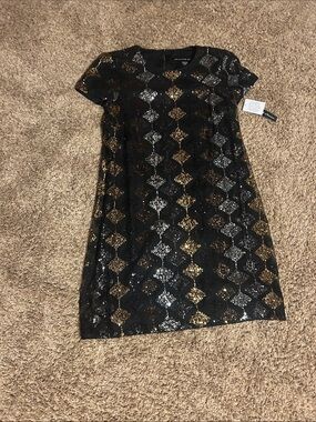 Aqua Black Sequin Shift Dress with Gold & Silver Diamond Accents